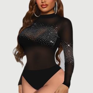 NWOT Elegant Black‎ Sheer Rhinestone Bodysuit XL